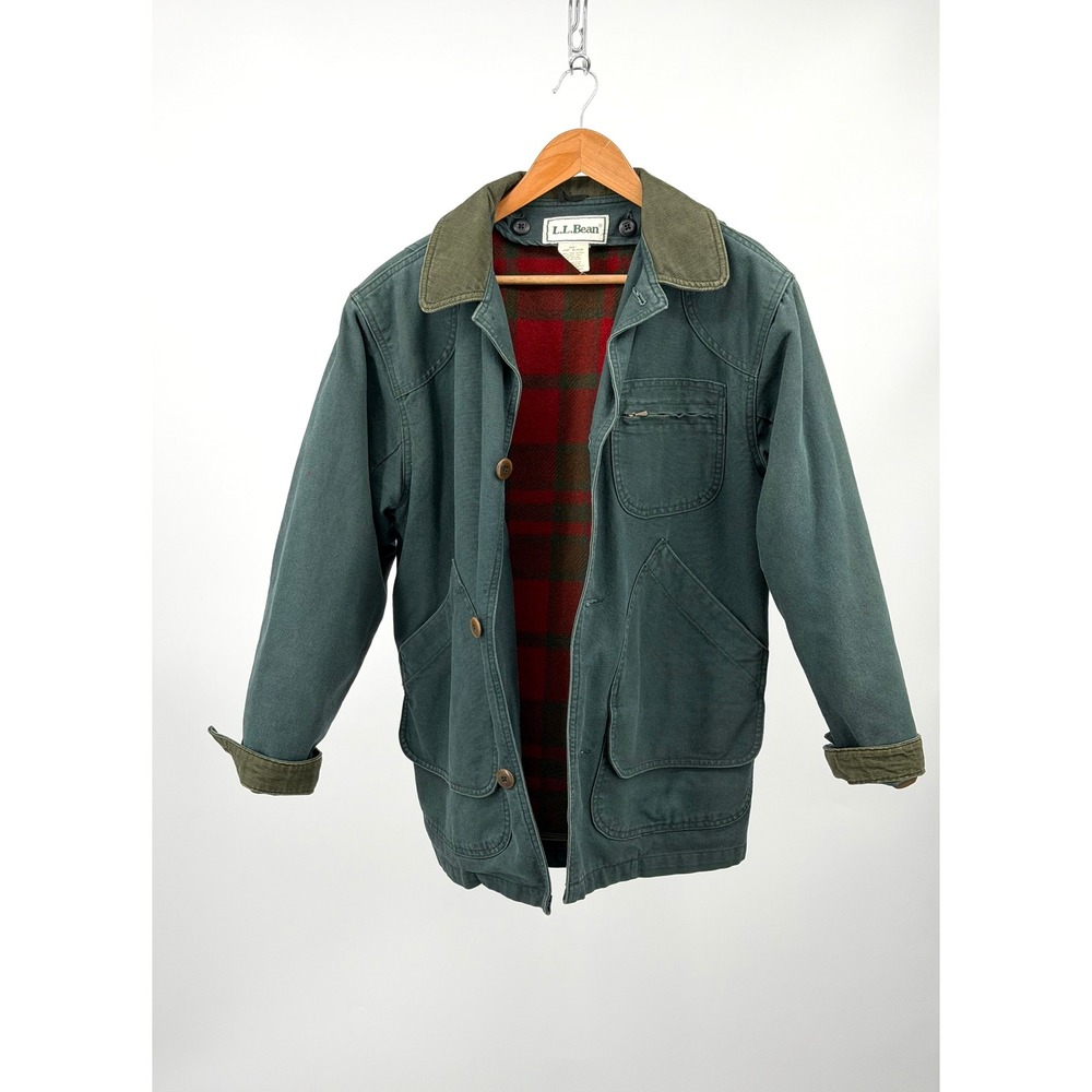 LL Bean R641 Field Coat Mens S Green Canvas Wool Lined Corduroy Jacket